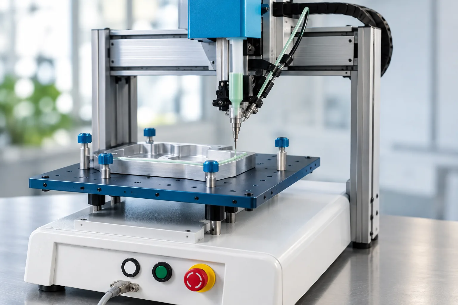 Automated nozzle dispensing a bead of adhesive on an aluminium part