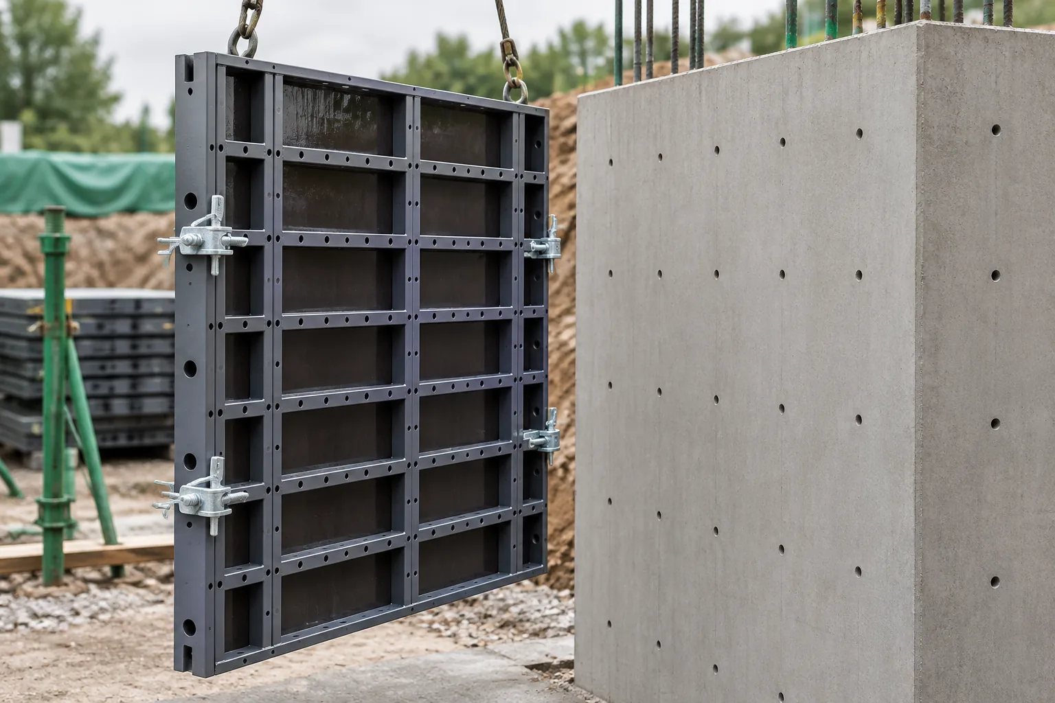 Smooth concrete wall next to formwork panels coated with release agent