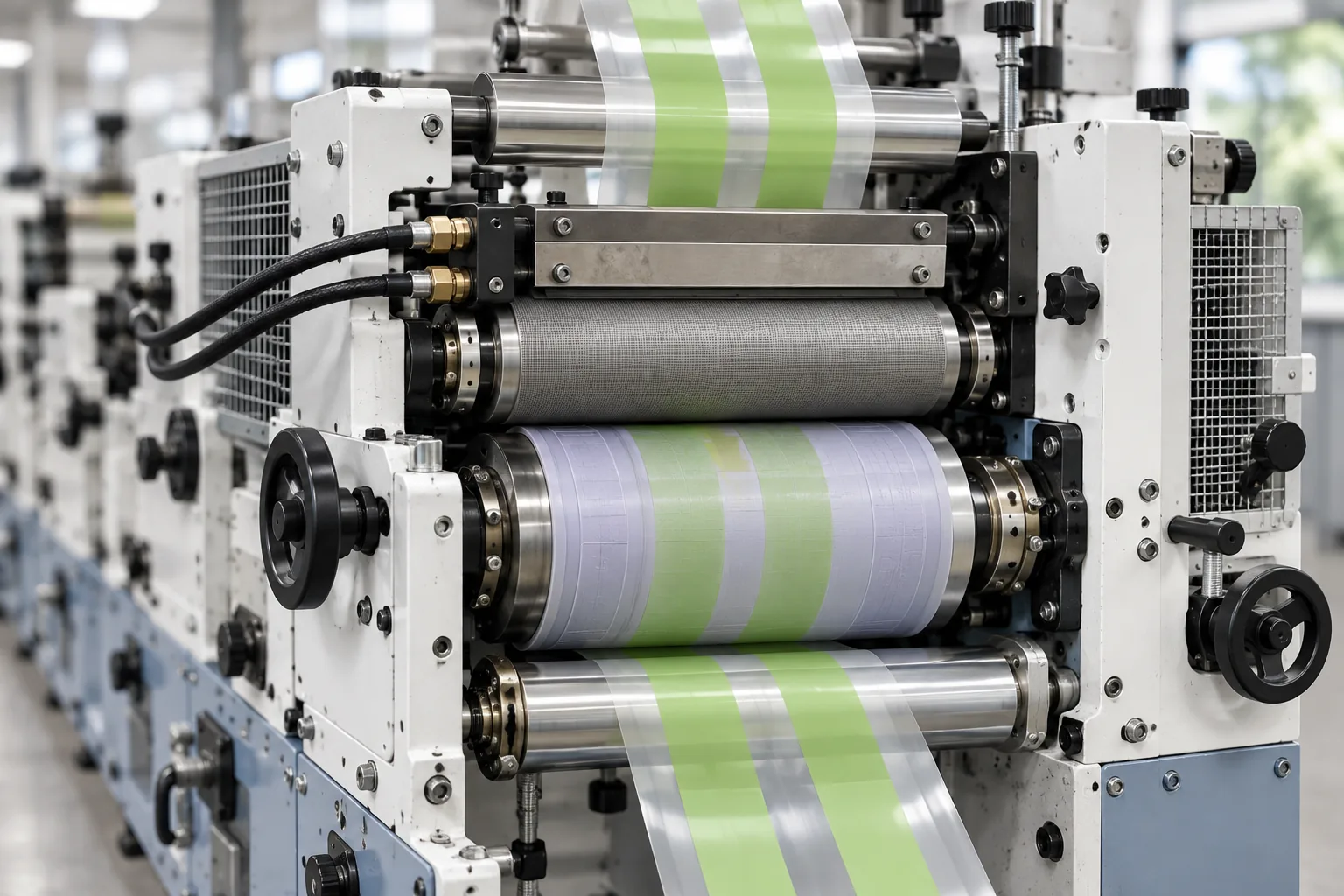 Flexographic printing press with anilox roller and green ink