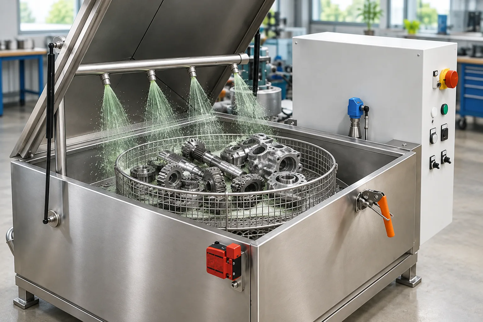 Basket of machined metal parts lifted out of an industrial cleaning tank