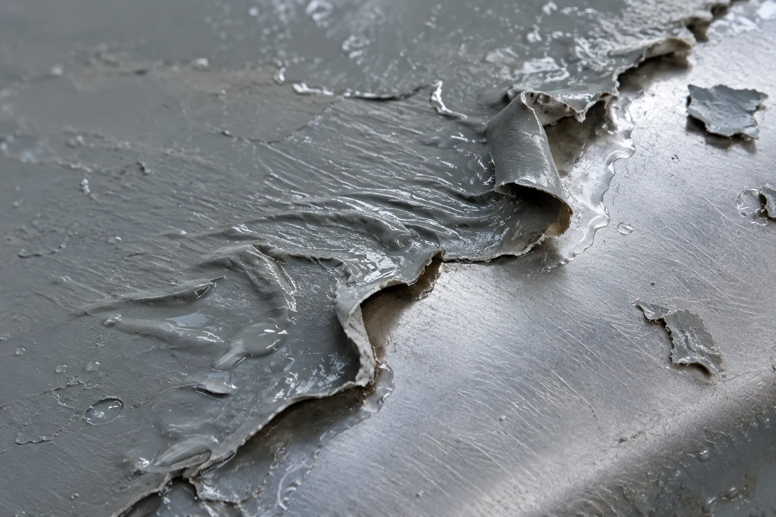 Old paint layer lifting from a steel panel revealing clean metal