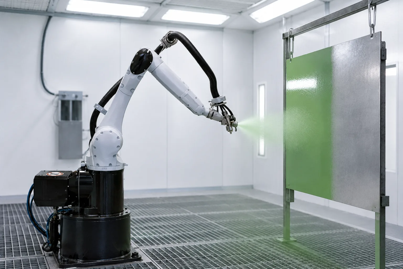 Industrial robot spraying a coating on a metal panel in a paint booth