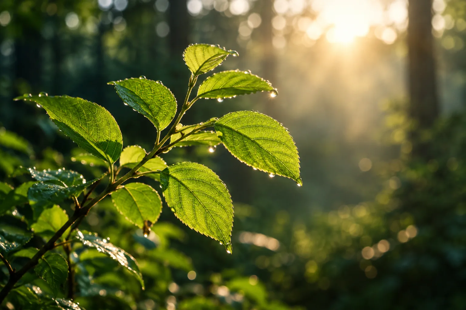 Green leaves backlit by the morning sun