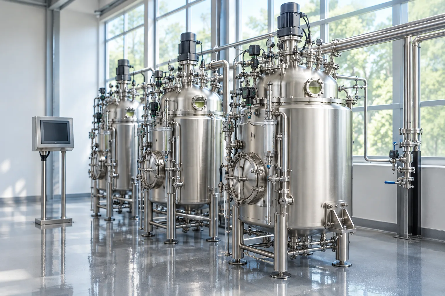 Stainless-steel fermentation bioreactors in a biotech plant