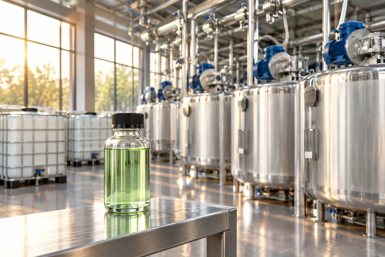 Sample bottle of clear green solvent in a blending facility