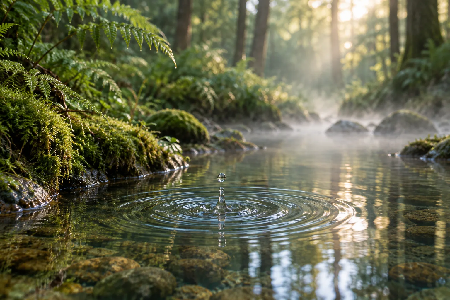 A drop falling into a clear forest stream
