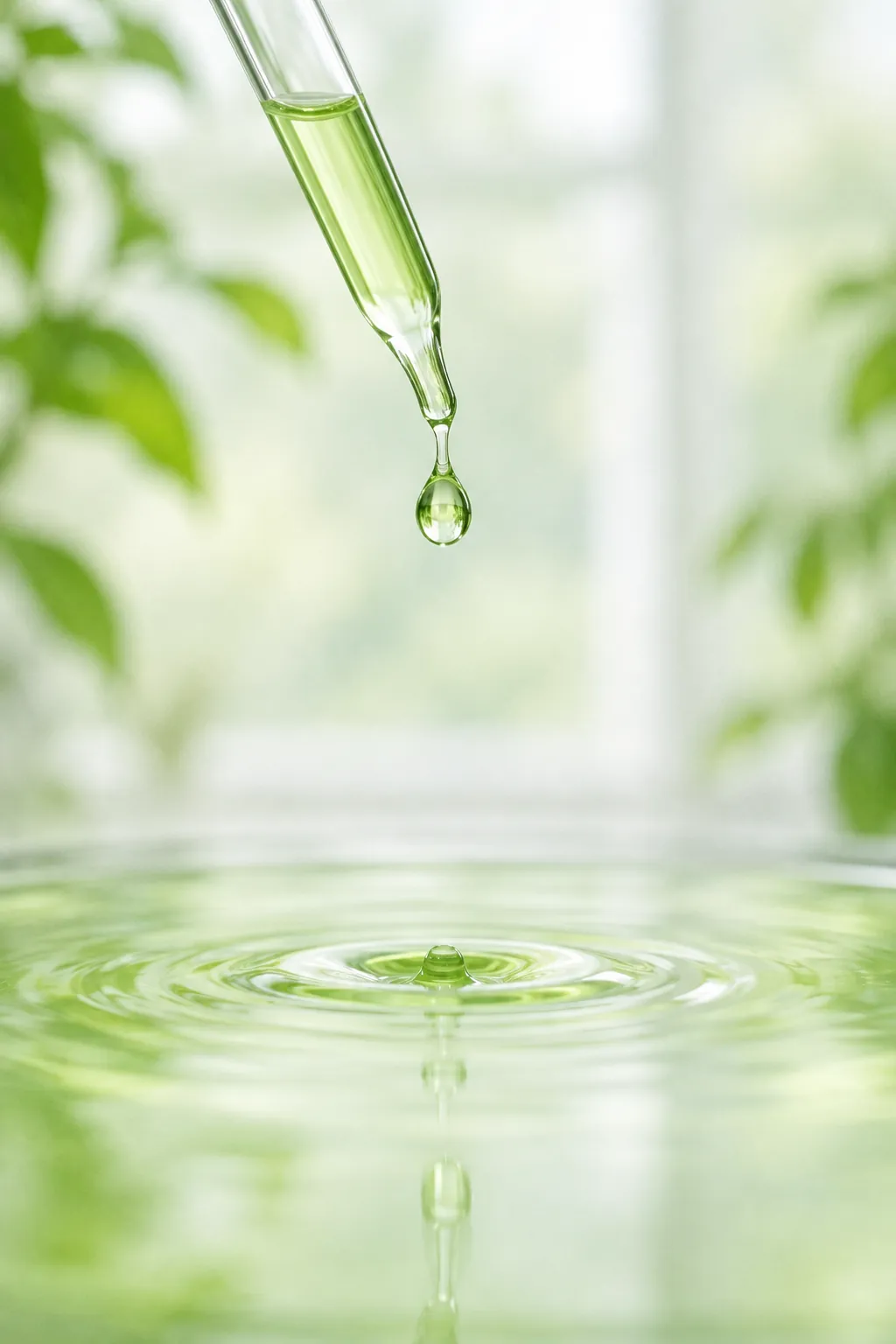A drop of clear green bio-based solvent falling from the same glass pipette into a green pool