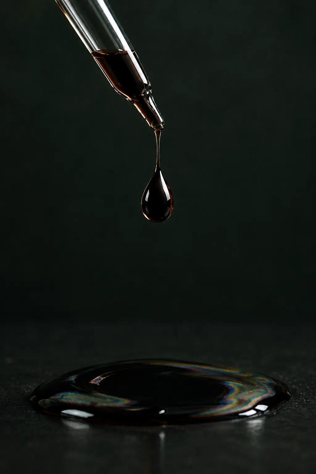 A drop of black petrochemical solvent falling from a glass pipette onto an oily pool