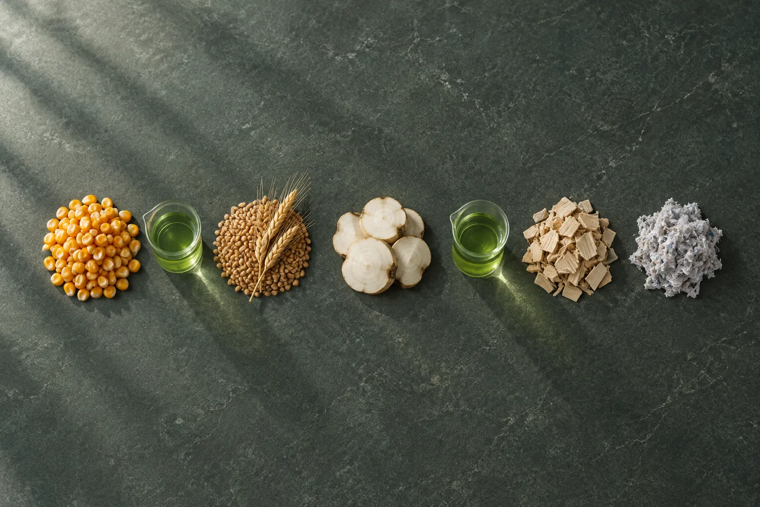 Corn kernels, wheat, sugar beet slices, wood chips and recycled paper pulp in a row with two beakers of green solvent