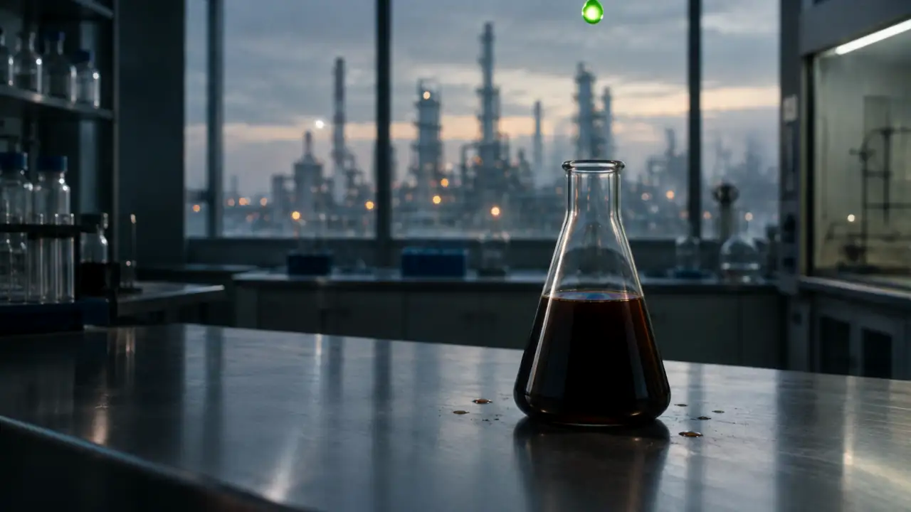 A laboratory flask of dark petrochemical solvent turns into a clear green bio-based solvent while the refinery outside gives way to green fields
